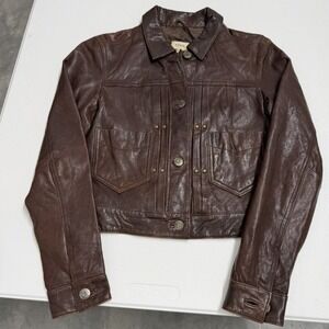 Fossil Brown Leather Cropped lamb leather Jacket Womens Trucker Button Front